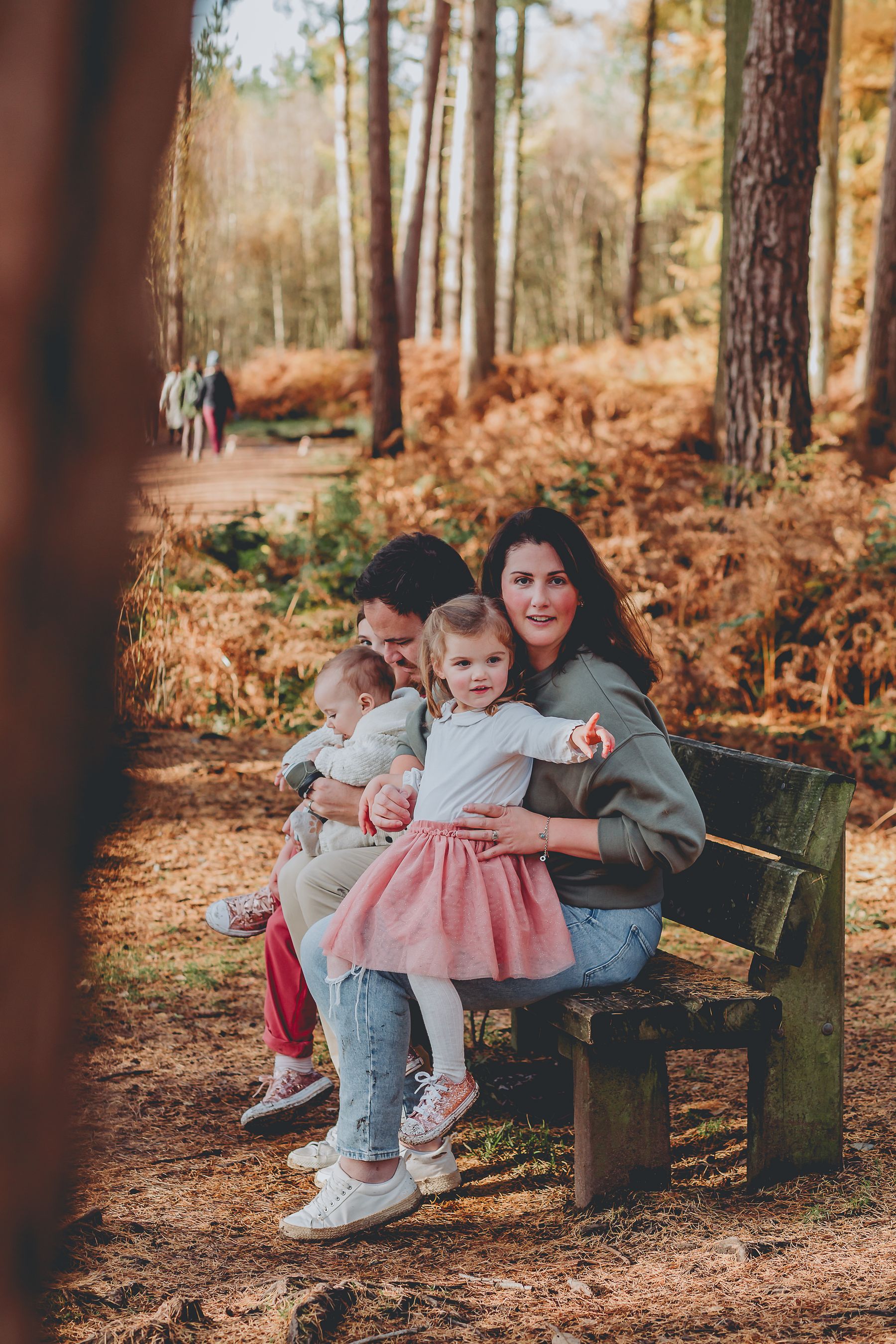 Family portrait on a bench, Delamere Forest, Cheshire